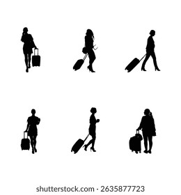 A stylish set of 6 women silhouettes walking with suitcases, perfect for travel, airport, or vacation-themed designs. Great for creative projects, posters, and digital illustrations.