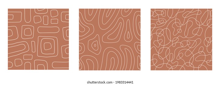 Stylish set abstract seamless pattern with  white geometric tangled lines on terracotta background. Vector doodle design