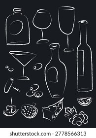 A stylish set of alcoholic drinks and snacks, created using a chalkboard technique. Textured lines and a chalkboard effect create the atmosphere of a cozy bar or craft beer establishment