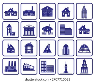A stylish set of architecture icons featuring houses, skyscrapers, and factories — from cozy homes to grand city buildings, representing diverse urban and rural living.
