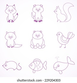 Stylish set beautiful flat animals draw a simple line