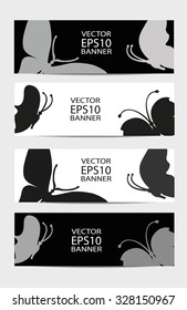 stylish set of black and white web banners with butterflies silhouettes