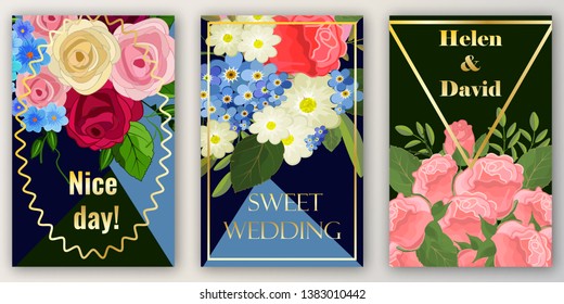 A stylish set of cards for congratulations or invitations. Wedding or engagement. Decorated with stylish bouquets and luxurious inscriptions. Fashion postcard design