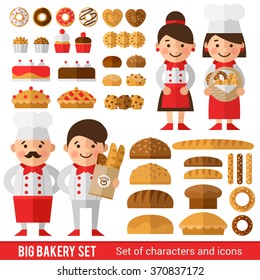 Stylish set of characters and icons on the bakery theme. Baker and his team  in cooks  form. Different types of baking and bakers.