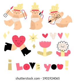 Stylish set of characters, objects and text for valentine's day. Cupid with a bow, flowers and stars with smiles, a heart in boots, the text love in a modern flat style. Stylish icons 