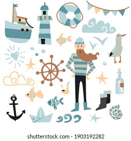 Stylish set of characters, objects and text for nautical theme. Seaman, lighthouse, boat, fish, stars in a modern flat style. Stylish icons.