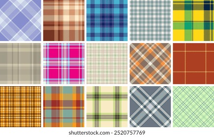 A stylish set of checkered plaid patterns in trendy colors, perfect for shirts, textiles, and old-fashioned clothing prints.