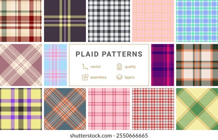 A stylish set of checkered plaid patterns in trendy colors, perfect for shirts, textiles, and old-fashioned clothing prints.