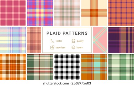A stylish set of checkered plaid patterns in trendy colors, perfect for shirts, textiles, and old-fashioned clothing prints.