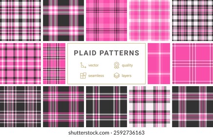 A stylish set of checkered plaid patterns in trendy colors, perfect for shirts, textiles, and old-fashioned clothing prints.