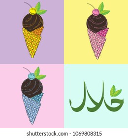 A stylish set of chocolate ice cream in a waffle cone.Halal product. Isolated Vector Image. Summer, delicious sweetness