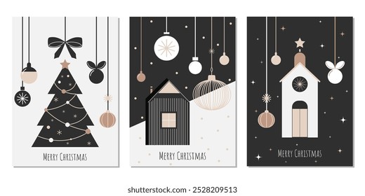 stylish set of christmas cards in minimalistic flat style. vector graphic art of group xmas cards with greetings.  vector xmas template for posters, cards, backgrounds. limited palette christmas cards