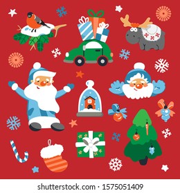 Stylish set of Christmas elements and characters. Deer, decorated spruce, winter house, gifts and Christmas decor. Vector set of Christmas elements.