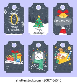 Stilvolle Weihnachtskarten mit Vektorkarten. Eine echte Kollektion von Weihnachten und neuen Jahresmarken mit Weihnachtsbaum, Süßigkeiten, Bären, Glocken, Geschenken, Neujahrsdekorationen. 