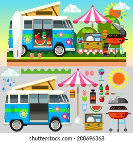 Stylish Set with Colorful and Flat Style Summer Picnic Equipment Umbrella Hamburger Basket Sausages Wine Barbecue Holidays Vector 