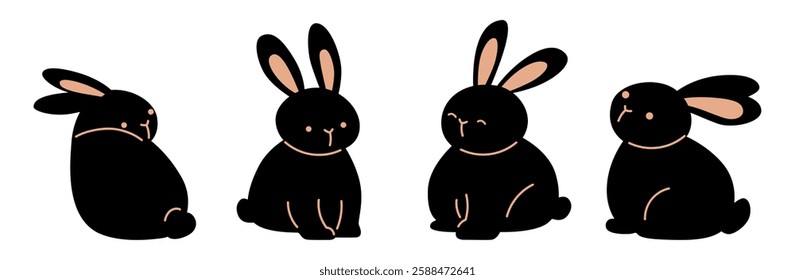 Stylish set of cute black rabbits, in graphic style. Perfect for modern designs, branding, prints, and decorative projects. Artwork with a minimalist and elegant look