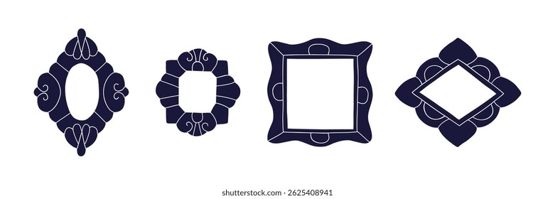 A stylish set of dark blue decorative frames with geometric and classic shapes. Ideal for vintage design, invitations, or branding elements.