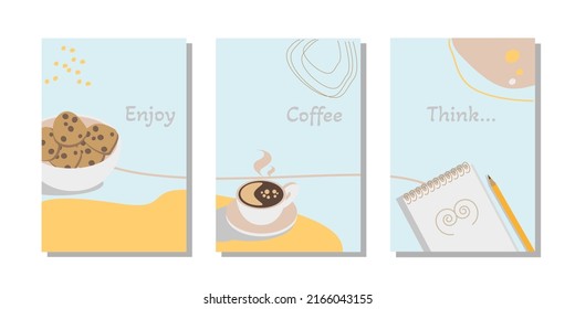 Elegante plantilla de diseño de conjunto con una taza de café caliente Cookies con chips de chocolate y nota con lápiz naranja en colores pastel. Fondo moderno para el diseño de la marca conceptual del café. Vector.