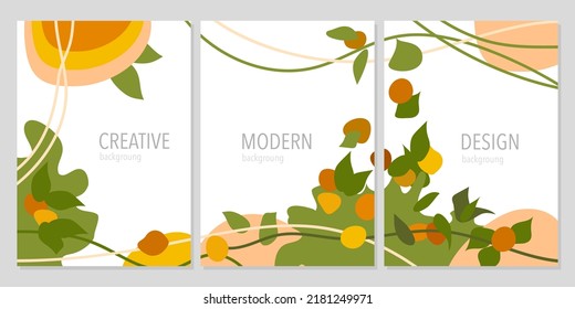 Stylish set of design template with organic abstract shapes in pastel colours. Written Creative, Modern, Design. Modern background for beauty branding design. Vector Illustration.