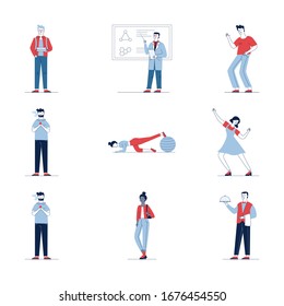 Stylish set of different cartoon people. Flat vector illustrations of man and woman exercising, smoking, dancing. Activity and lifestyle concept for banner, website design or landing web page