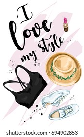 Stylish set with fashion clothes, accessories and slogan about style. Sketch. Vector illustration.