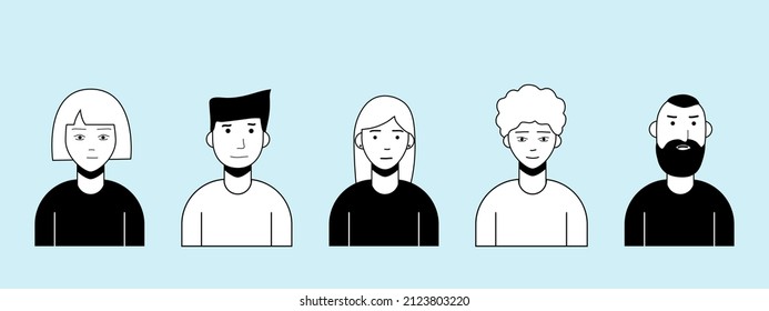 Stylish set of flat black and white avatars of people to represent in social networks, avatars of different people, nationalities and age, avatars as icons isolated on blue background. Vector graphics