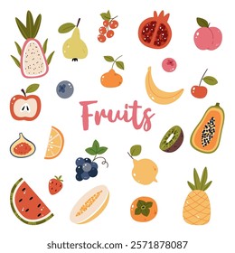 Stylish set with fruits and berries in a simple, naive style. Pear, blueberry, pomegranate, melon, cherry, grapes, fig, orange, pineapple, cranberry, pineapple, banana, apple, tangerine, kiwi, waterme