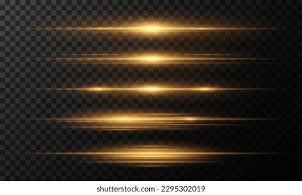 Stylish set of golden light effects with sparks isolated on black transparent background. Collection of horizontal glares for your project. Vector illustration. EPS 10