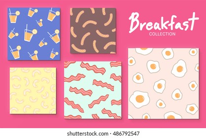 Stylish set of hand drawing breakfast collection/elements/pattern with orange juice, sausage, macaroni cheese, bacon and fried egg. Vector illustration for banner, poster, card, brochure, flyer.