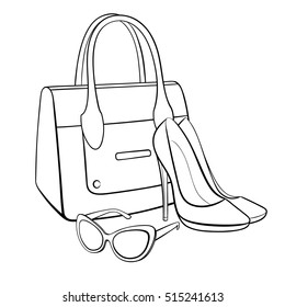 Stylish set. Handbag, shoes and glasses in black contour lines on a white background.