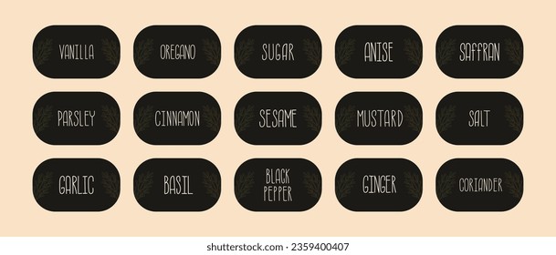Stylish set of herbs and spices labels. Vector set of stickers for spices and herbs. For labeling kitchen containers and foodstuffs.