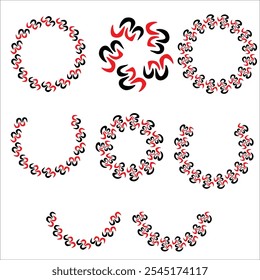A stylish set of intricate circular and semi-circular patterns, blending geometric and floral-inspired designs in vibrant colors