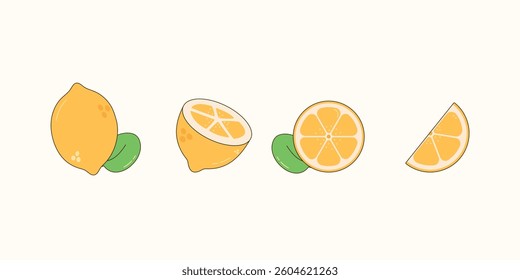 A stylish set of lemon elements: a whole lemon, a half, a round slice, and a wedge. Bright, fresh, and minimalist fruits, perfect for packaging design, menus, and textiles.

