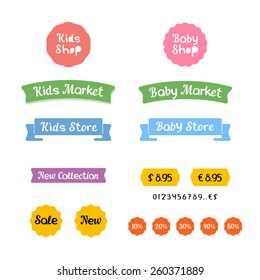 Stylish set of logos, icons and stickers for Kids Shop, Baby Market or Children Store