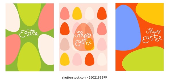 Stylish set of minimalist Happy Easter backgrounds with abstract egg designs in vibrant colors. For greeting cards, banners, posters, social media, or festive digital designs