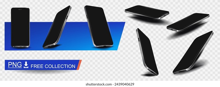 Elegante conjunto de smartphones modernos de un nuevo modelo con pantalla en blanco sobre fondo transparente. Colección gratuita de hermosos smartphones delgados desde diferentes ángulos. Modernas maquetas de teléfono para la presentación