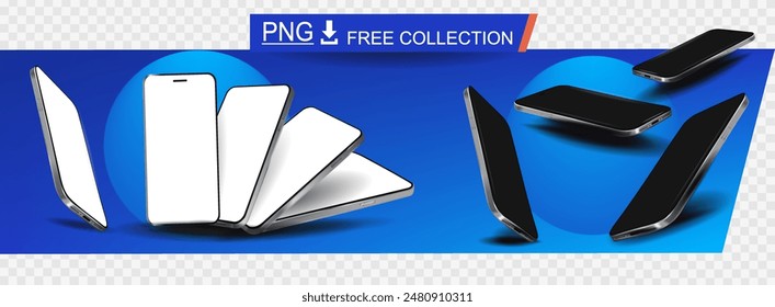 Stylish set modern smartphones on transparent background. Presentation new phone model with blank screen. Free collection smartphones from different angles. Advertising template with modern smartphone