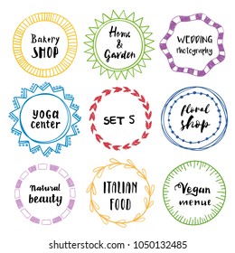 Stylish set of multi colored round frames with examples of the names of your store .Vector frameworks 5.