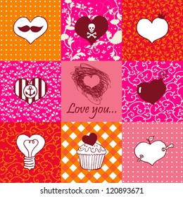 Stylish set of nine hand drawn hearts