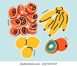 Stylish set with oranges, bananas, lemons, kiwi on a blue background. Fruits. Vector illustration, print, design elements 