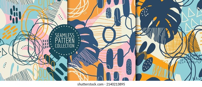 Stylish set with prints, seamless patterns, backgrounds with stokes, rounds, leaves and shapes. Stylish vector illustration collection