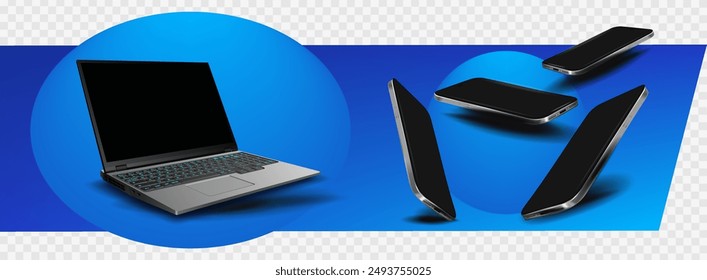 Stylish set of realistic gadgets on transparent background. Presentation new phone and laptop model. Free collection gadgets from different angles. Template with modern models of electronic equipment