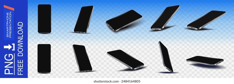 Stylish set realistic model modern smartphone. Presentation thin smartphone from different angles. Device mockup with black blank screen on transparent background. Smartphone mockup