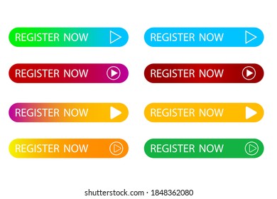 Stylish set register now. Click button. Banner offer. Ui interface. 3d vector. Vector image. Arrow icon collection.