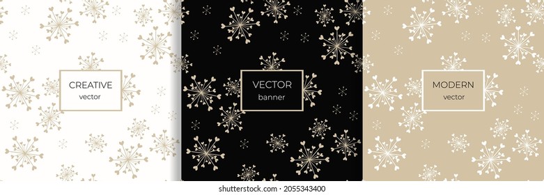 Stylish set of seamless patterns with abstract snowflakes and tiny hearts. Doodle style minimalist background. Gold and black texture. Elegant  repeating design for decor, print, packaging, wallpaper