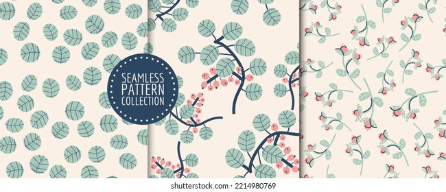 Stylish set of seamless patterns with branches, leaves, berries. Vector collection of backgrounds. Botanical illustration. 