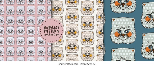 Stylish set with seamless patterns with faces of cats of British and Scottish breed. Vector collection, prints, designs, backgrounds