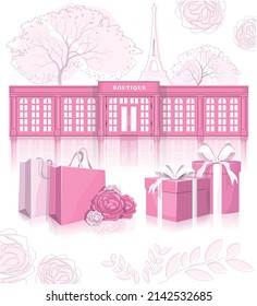 Stylish Set With Shopping, Shop, Gifts. Poster, Banner, Card For Store Advertising, Discounts. Presentable Boutique With Expensive Accessories
