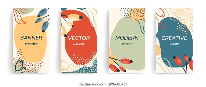 Elegante conjunto de publicaciones en medios sociales, historias, carteles, aplicaciones móviles, anuncios en internet. Diseño de vectores con espacio de copia para texto, formas abstractas, hojas, bayas. Un concepto moderno. color claro