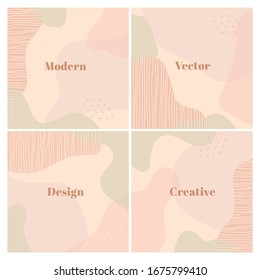 Stylish set of square background with organic abstract shapes in pastel colors. Modern design template with space for text. Fashion backdrop. Vector Illustration 